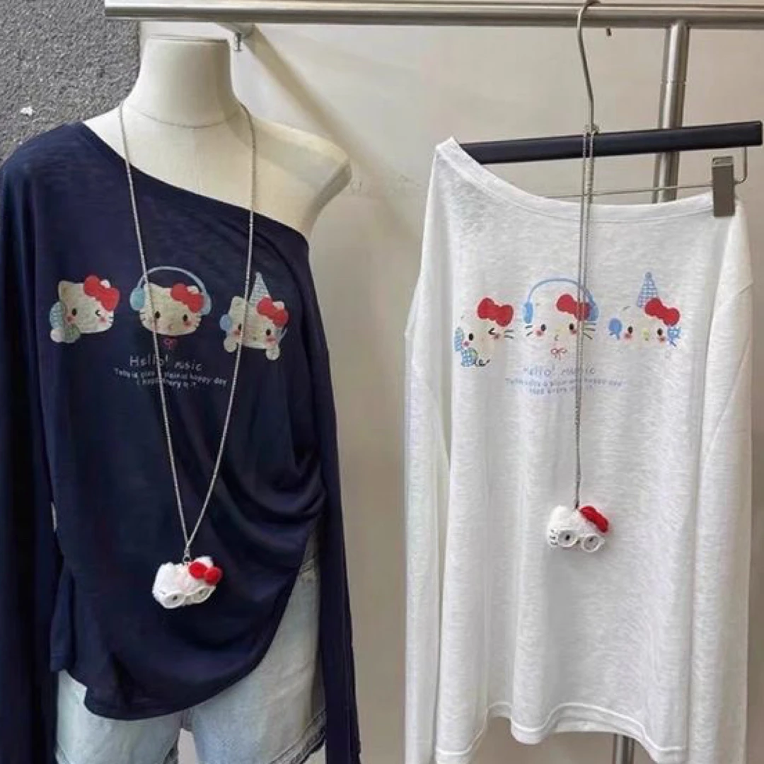 2025新款秋季宽松卡通防晒长袖宽松型斜领T恤薄款夏季甜辣千金风