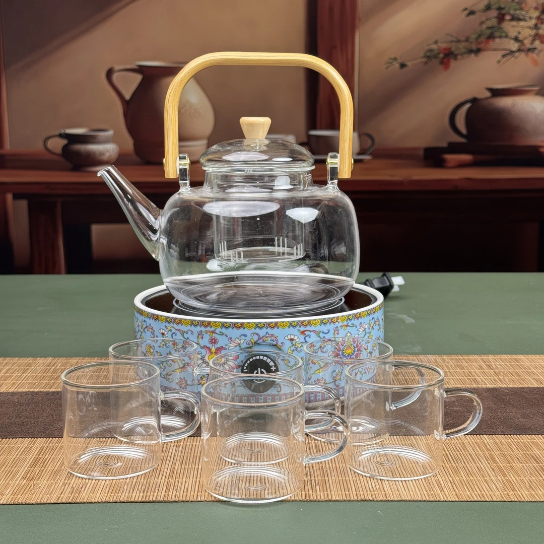 缠枝莲蓝电陶炉+玻璃煮茶壶+六玻璃耳朵杯 ZH84