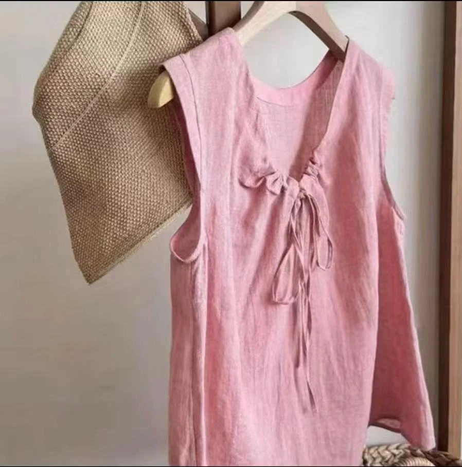 【新款+运费险】时尚设计感系带无袖圆领通勤女性背心棉麻上衣V369