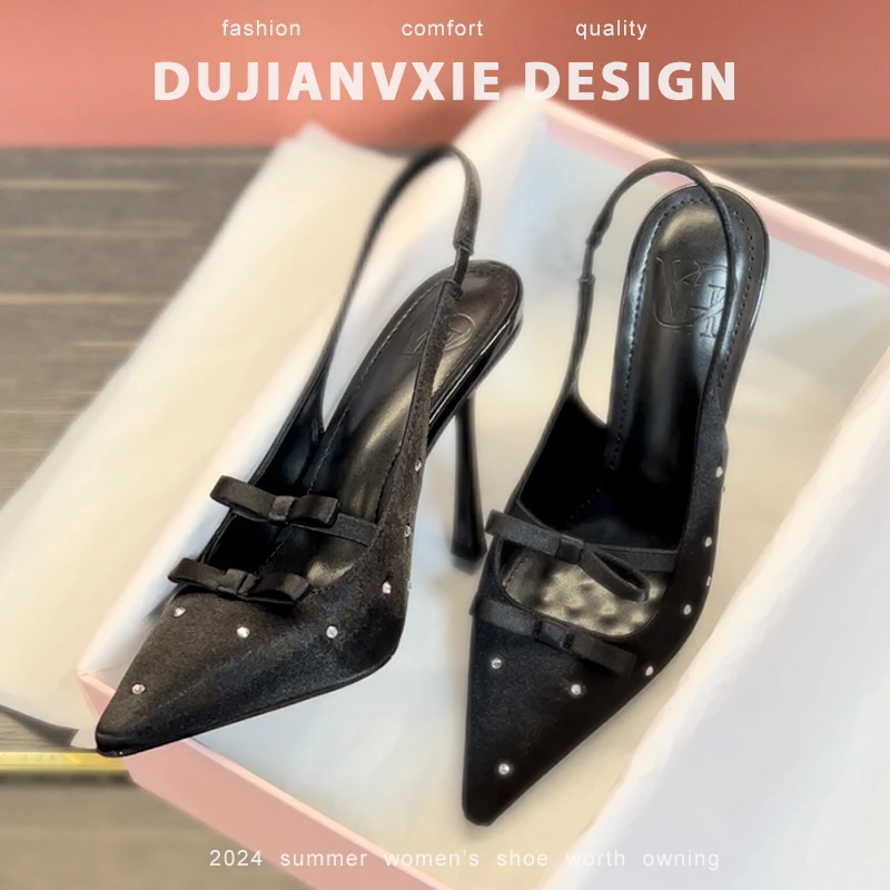 2025年新款黑色蝴蝶结水钻高跟鞋女细跟后空性感网红气质时尚凉鞋