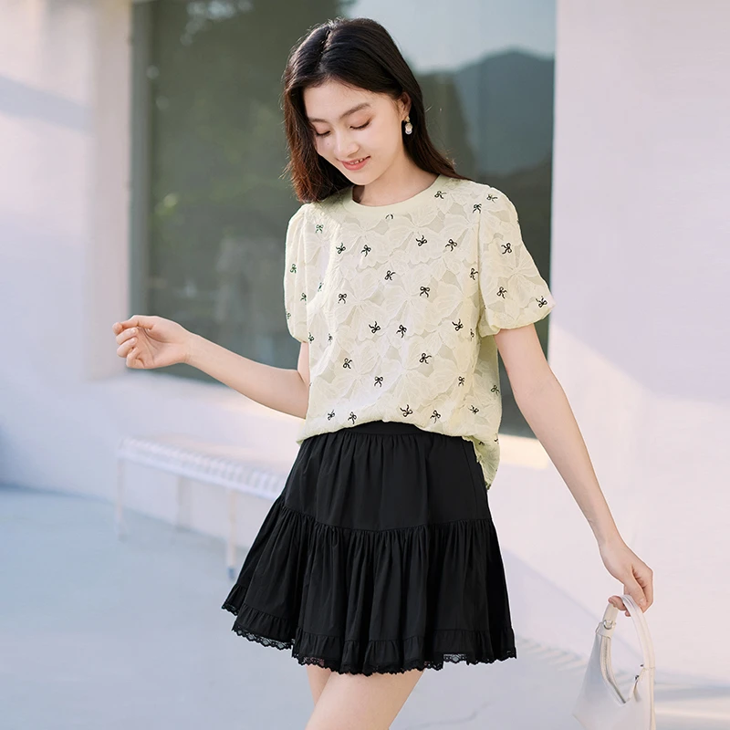 S65S769雪纺衫 香影白色蝴蝶结花卉蕾丝衫夏季新款圆领t恤上衣女