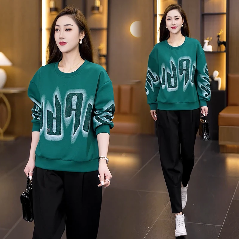 休闲时尚套装2025春季新款设计感字母印花烫钻圆领卫衣裤子两件套