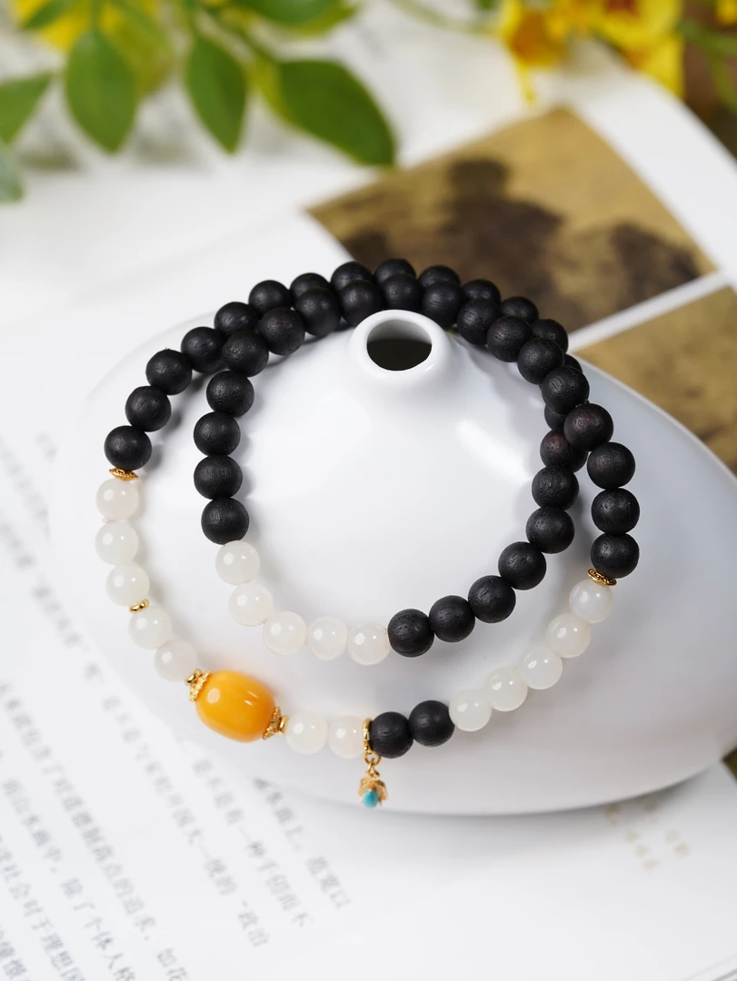 【小涵专属】S925和田玉藕粉搭降真香双圈手串 5-6mm