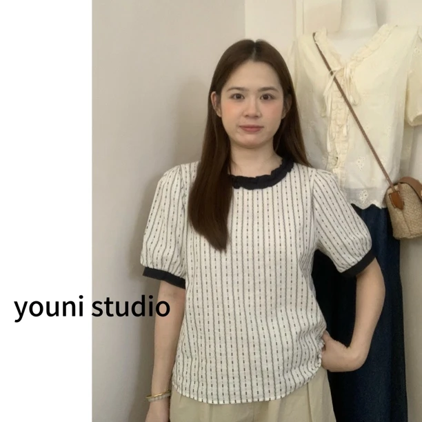 【youni】夏款韩系圆领木耳边百搭小衫