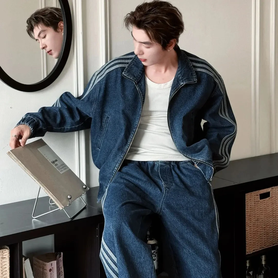 秋冬时尚潮流复古套装男士立领加厚三条杠牛仔夹克外套百搭休闲裤