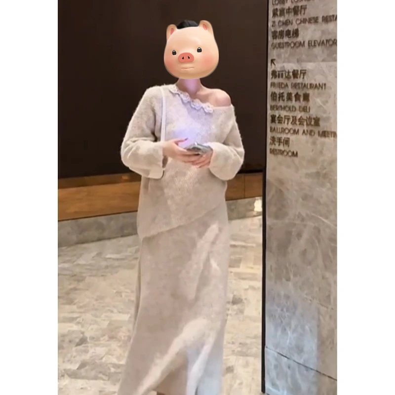 巨好看的韩系早秋ootd穿搭一整套法式斜肩毛衣针织半身裙两件套装