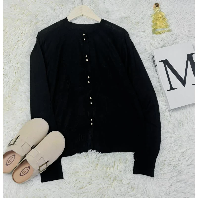 玲姐定制-黑色双扣设计条纹款微短针织开衫160766