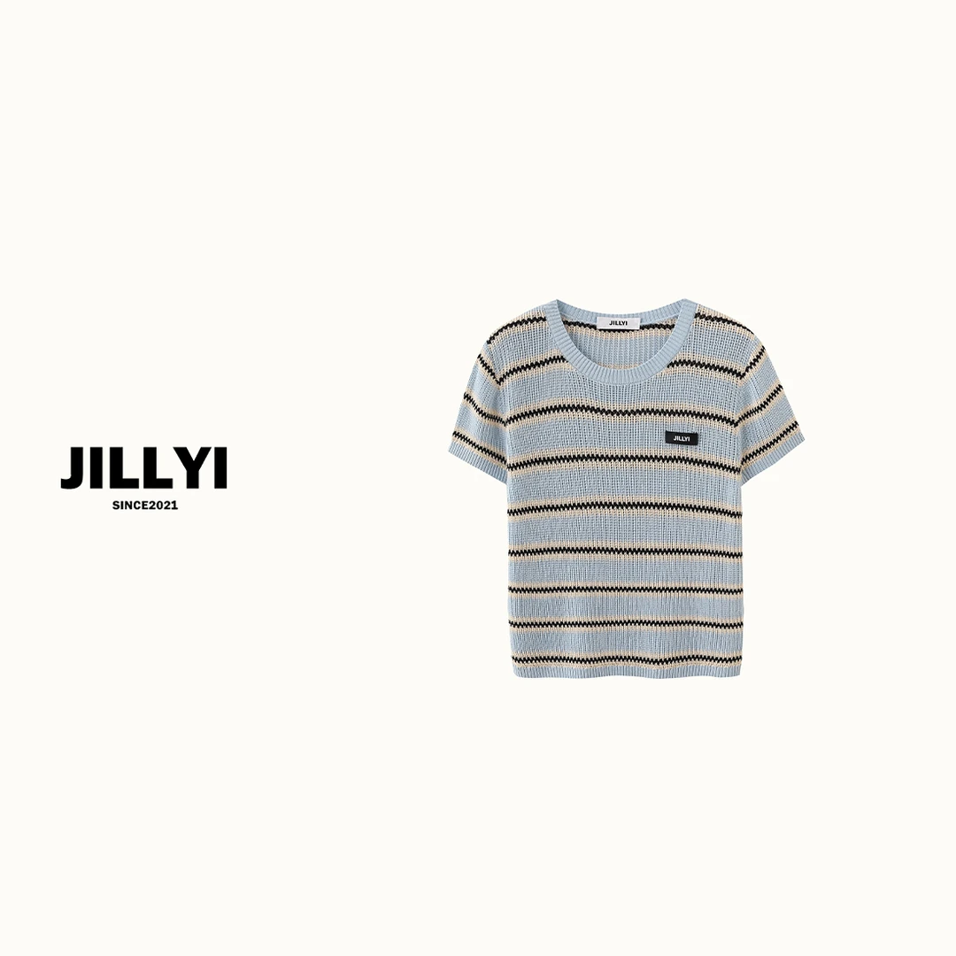 JILLYI珠海店【雾霾条纹】灰蓝色条纹圆领夏季百搭休闲风时尚针织衫
