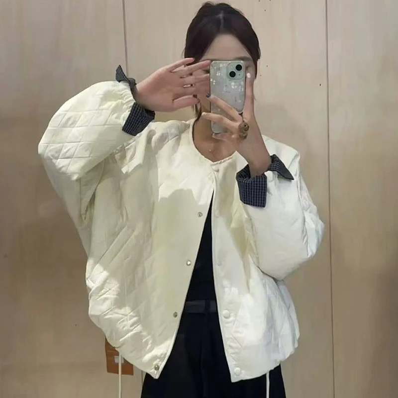 2025秋冬新款小个子菱格纽扣圆领棉服外套女内里格子设计夹棉上衣