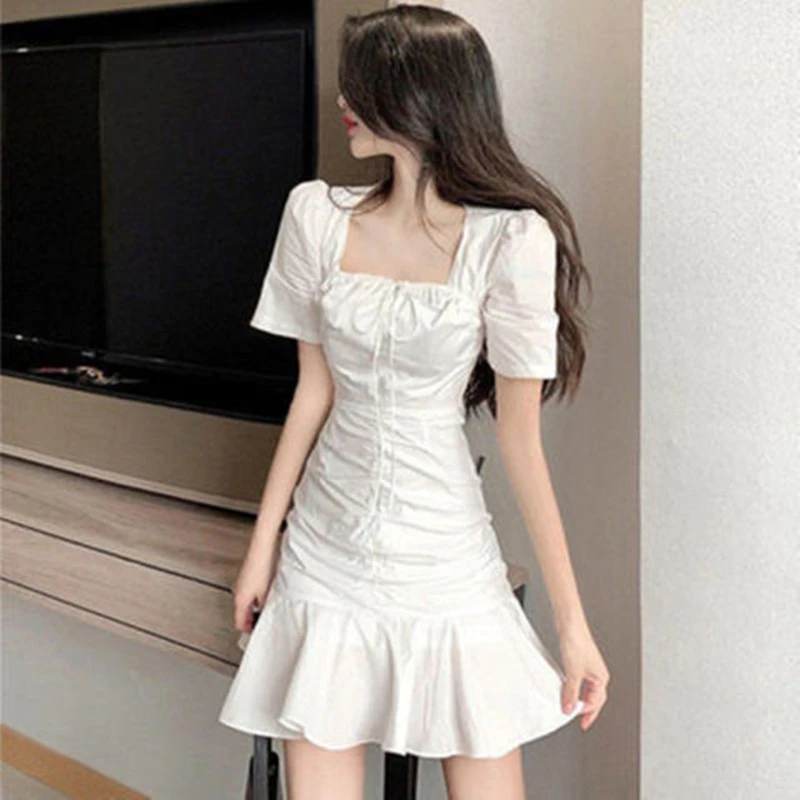 2024夏季法式仙女褶皱方领收腰显瘦荷叶边连衣裙鱼尾包臀短裙子潮