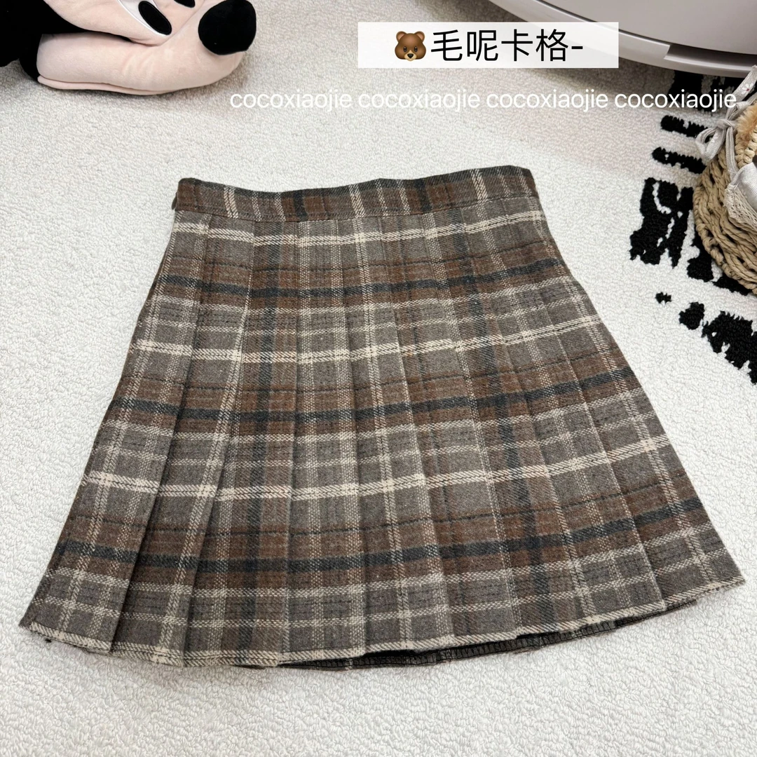 辣妹韩系学院风格子半身裙女秋冬新款毛呢百褶裙高腰显瘦a字短裙