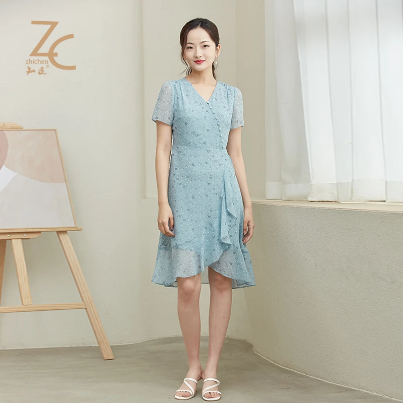 知臣夏季新品 偏门襟V领飘逸雪纺连衣裙 22232121