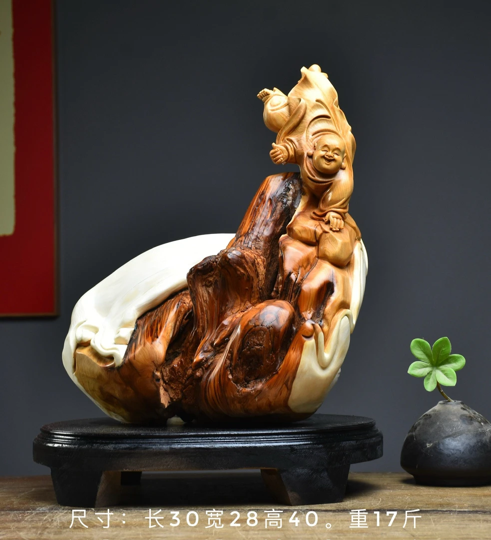 太行崖柏天然随形雕刻招财开心弥勒佛招财纳福木佛像手工艺品摆件