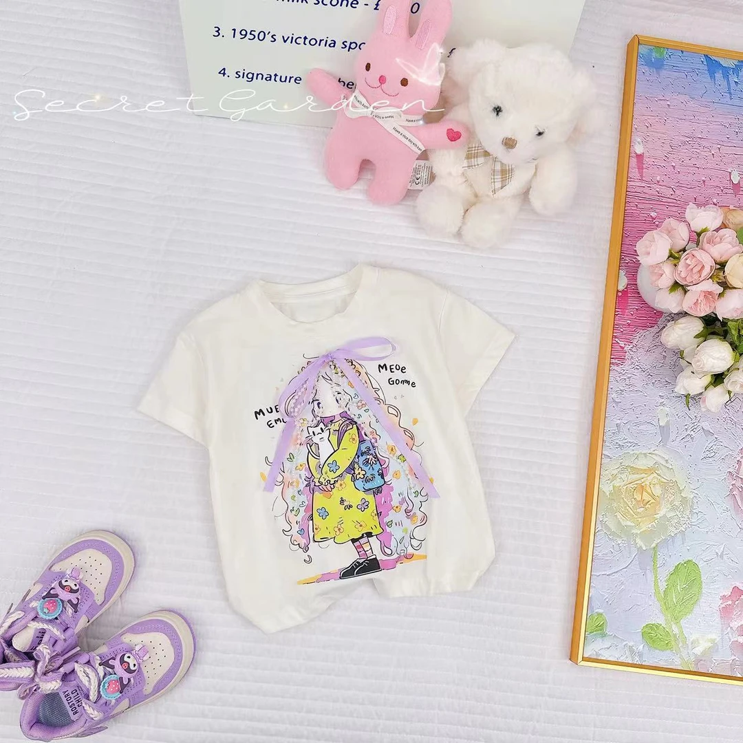 新款夏装休闲可爱立体珍珠蝴蝶结女童T恤 D-S221