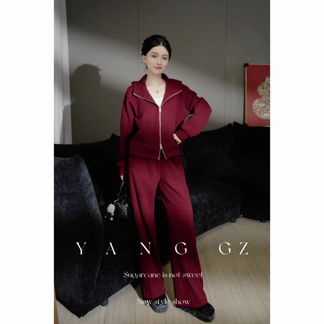 YANG GZ【明媚】秋冬加绒红色运动休闲卫衣套装 GZ309#8057H