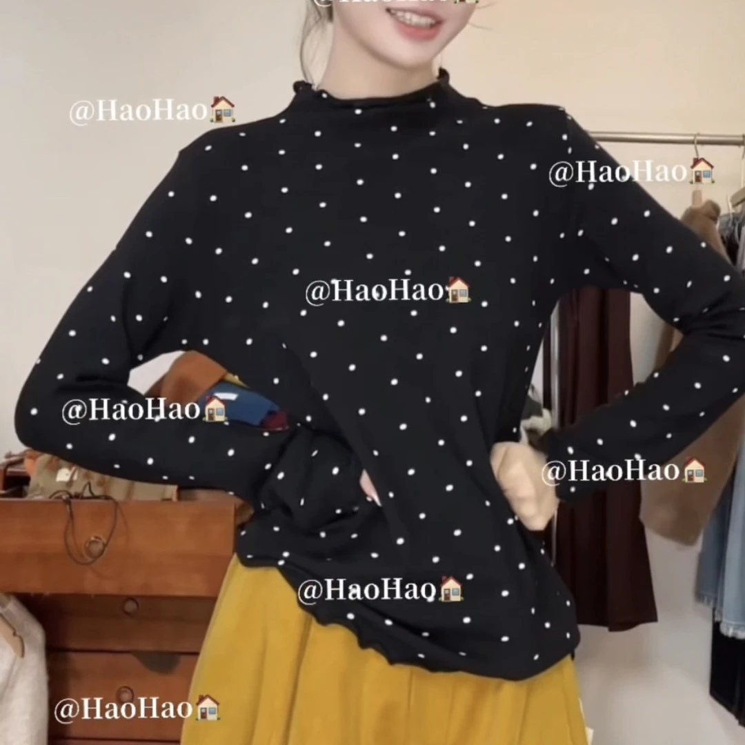 2025秋冬新款加绒波点立领修身显瘦独特气质上衣长袖百搭洋气打底