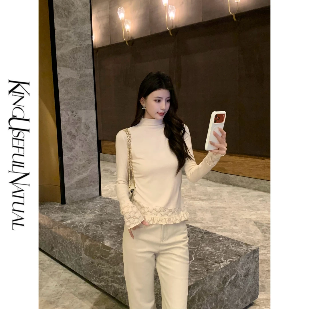 KUN【柔尔】穿搭亮点 高弹羊毛磨毛针织加厚杏粉色秋冬内搭花边上衣