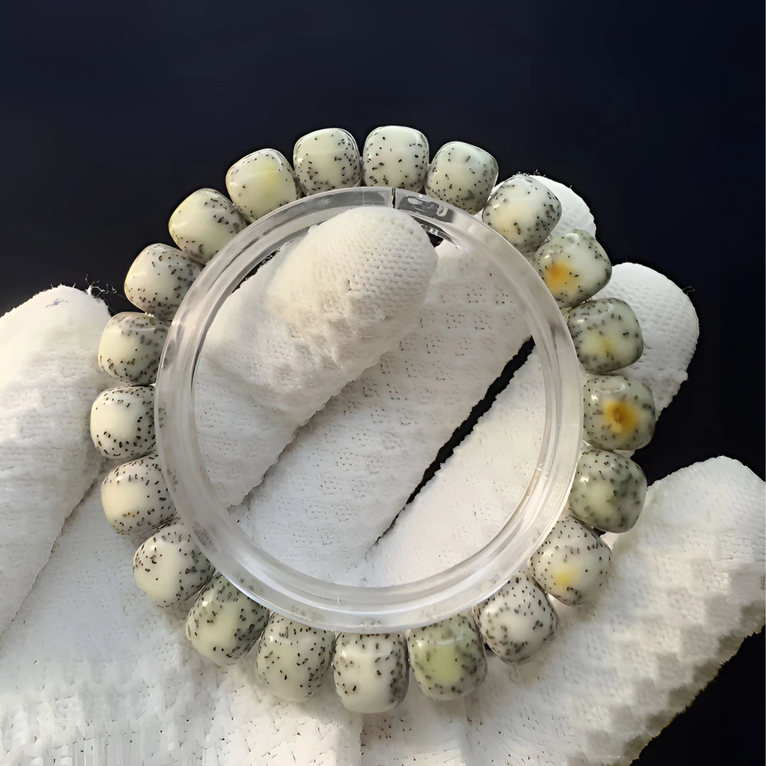 海南原生态星月菩提石玉料同枝果侧留白火烧云10*11手串男生单圈