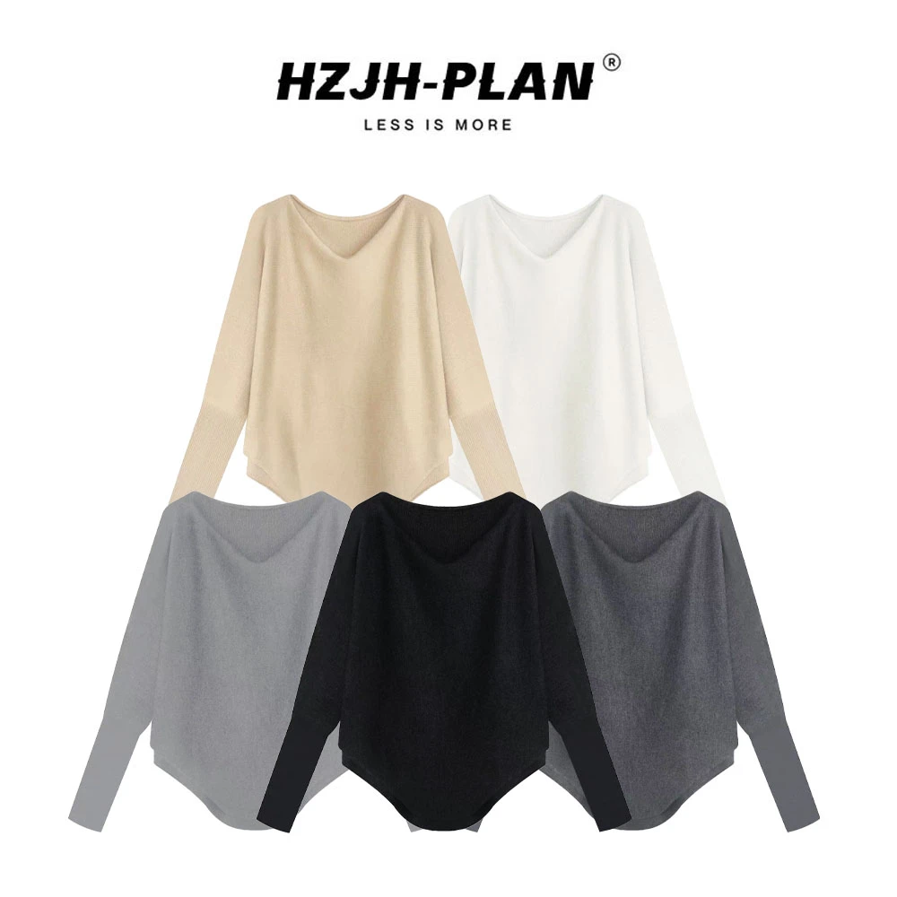 早秋慵懒风不规则斜肩针织衫软糯毛衣女设计感小众蝙蝠袖长袖上衣