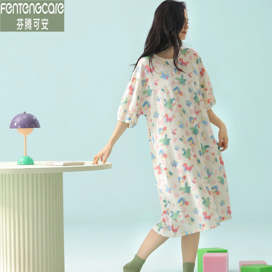 芬腾可安大码中袖睡裙夏季宽松薄款莱卡棉凉感夏天纯棉时尚连衣裙