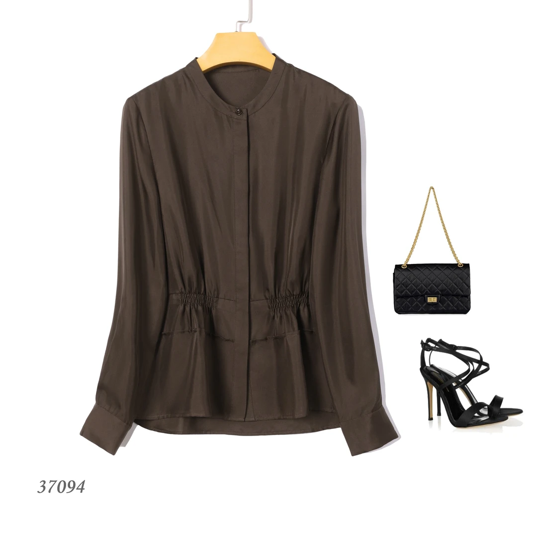 【100%桑蚕丝】斜纹绸气质优雅收腰小立领37094真丝衬衫女