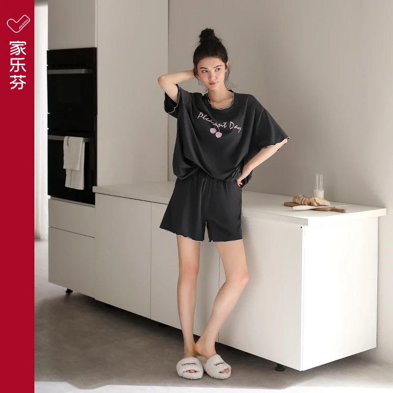 家乐芬【带胸垫】夏季薄款莫代尔棉短袖短裤女士家居服薄款休闲套装