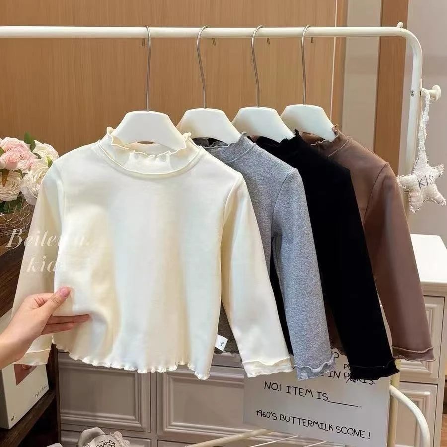 新款女童春秋百搭花边纯色打底衣女宝宝韩版休闲时尚洋气打底衫潮