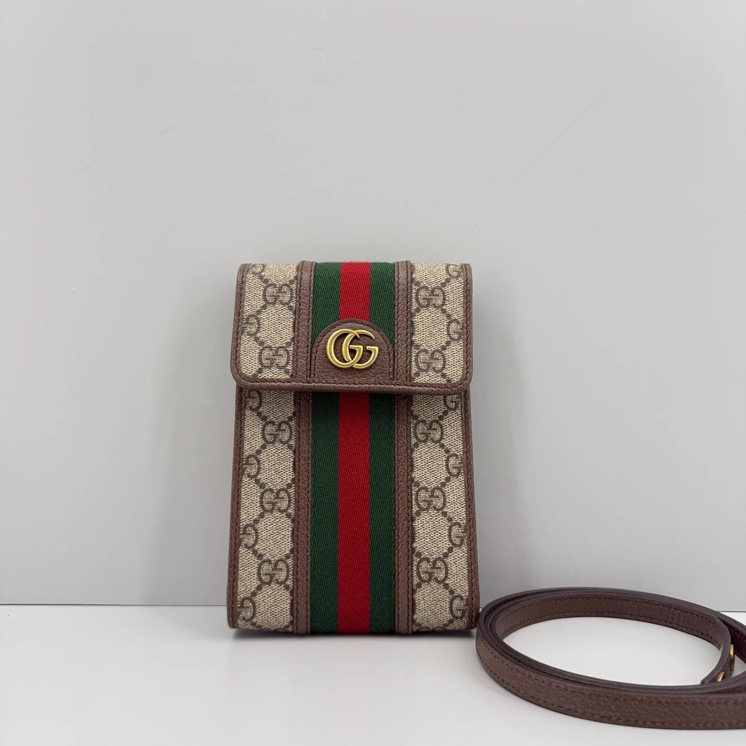 95新 GUCCI/古驰 优选/OP系列乌木色老花手机包/18×11×3/Z09031