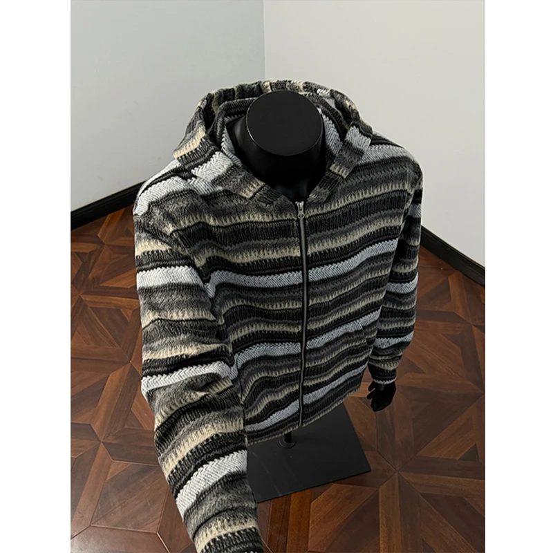 美式复古条纹毛呢连帽卫衣男款秋季潮牌高级感慵懒风拉链情侣外套
