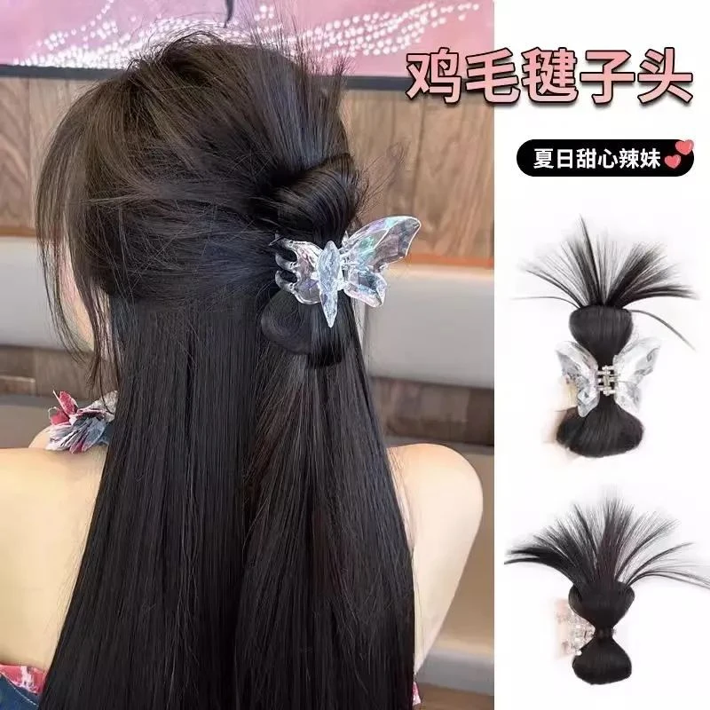 小抓夹水晶蝴蝶抓夹鸡毛毽子发包仿真发自然慵懒增发量减龄发饰女