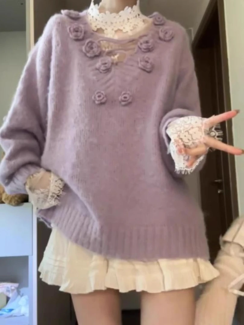 高级感立体花朵圣诞紫色V领毛衣女秋冬慵懒风软糯宽松针织衫外套