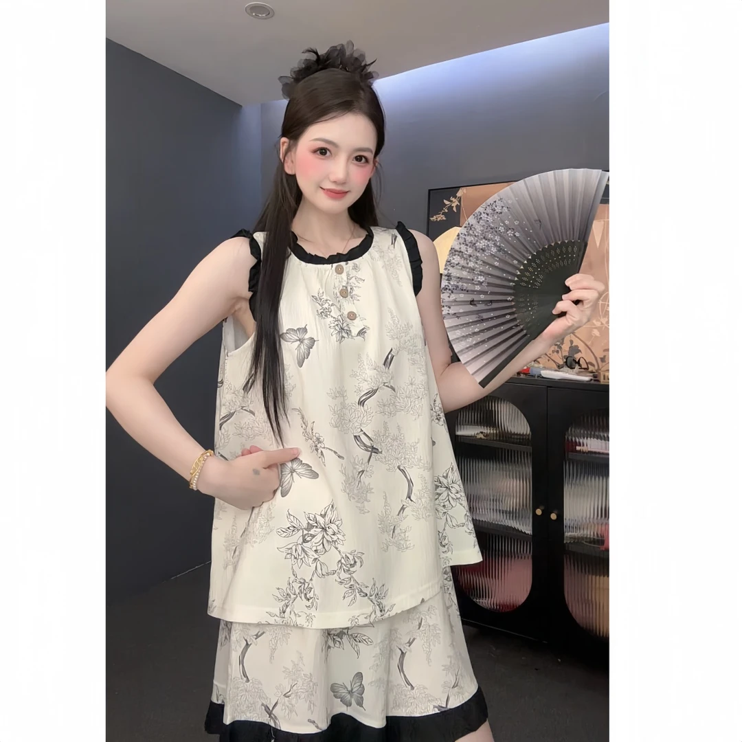 【水墨画】圆领花边云朵棉家居服夏季无袖两件套可外出睡衣家居女