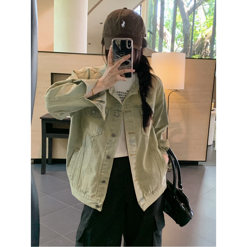 欧美高街复古水洗做旧黄泥色牛仔外套2025春季宽松夹克慵懒上衣女