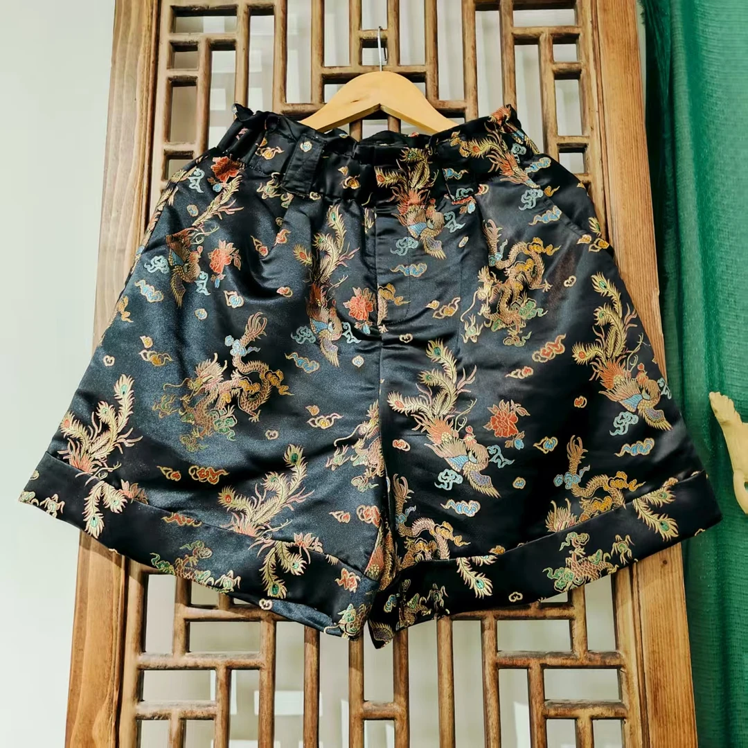 （LK109）凤徕兮私人定制黑底彩色龙凤暗纹加衬全松紧花边腰中裤