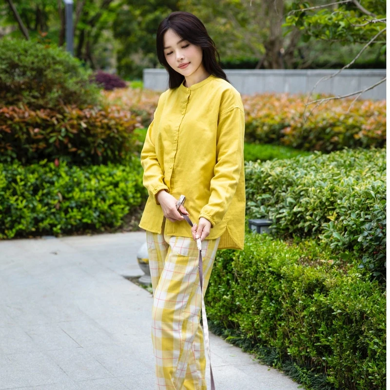 宜色家国潮风春秋纯棉加密超软双层纱可外穿家居服睡衣情侣套装