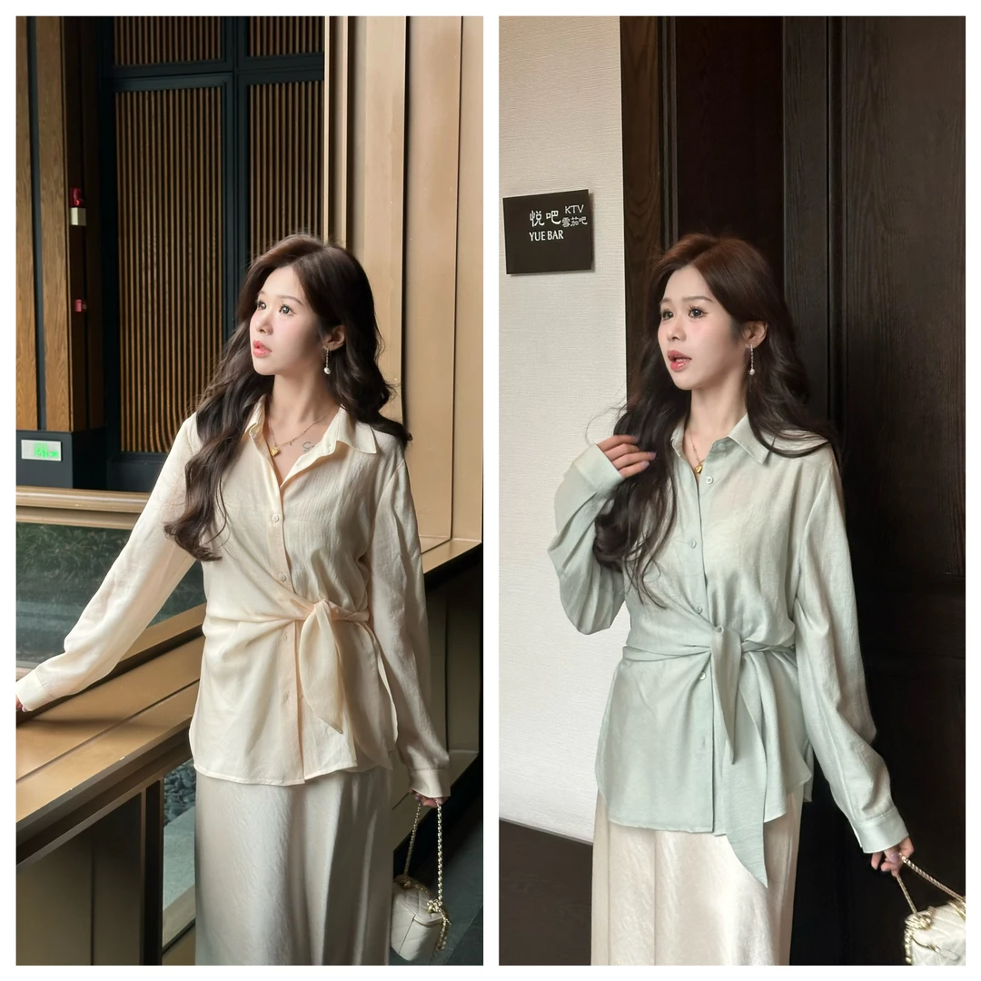 李潇洒【细节控】微胖大码女春季设计感不规则系带收腰百搭显瘦衬衫