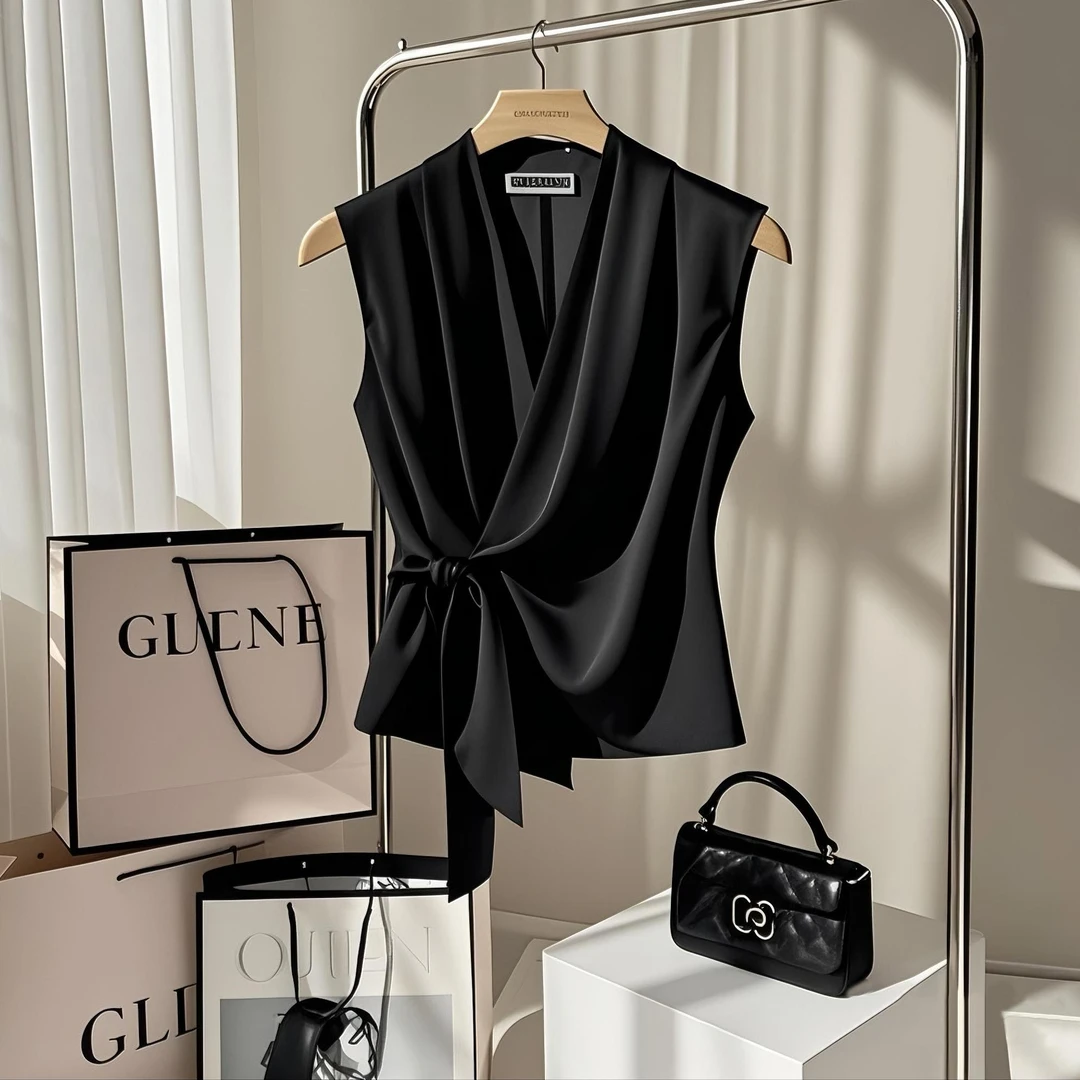 法式高级感V领无袖衬衫女夏季新款修身显瘦气质设计感小众上衣潮