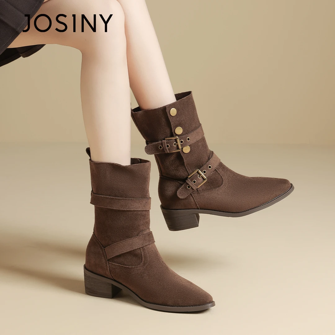 JOSINY/卓诗尼时装靴黑色中筒女靴短靴中筒粗跟马丁靴系带复古