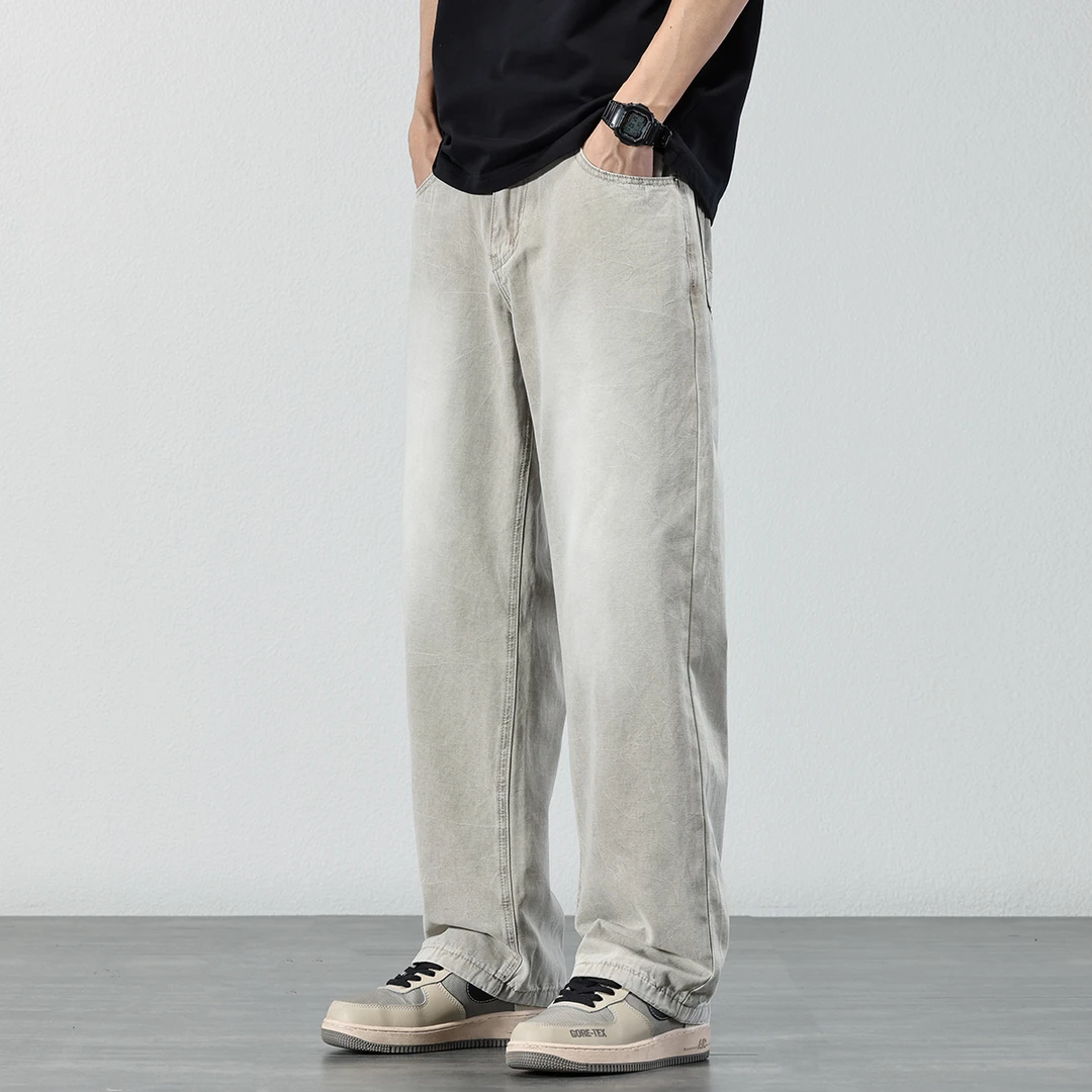 美式复古水洗牛仔裤男士2025春夏季做旧阔腿长裤vibe高街直筒裤子