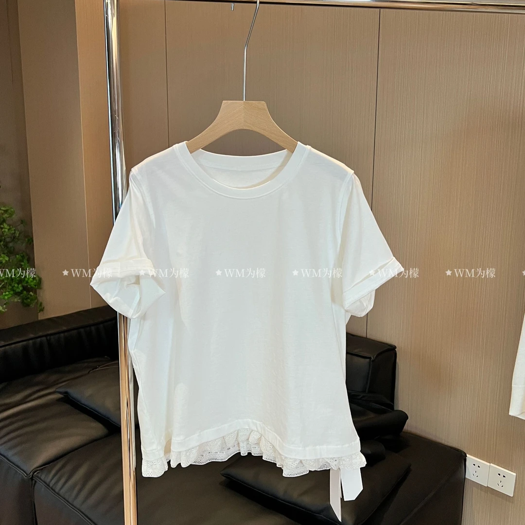 WMeng.【白巧】韩货有型拼蕾丝正肩显瘦纯色短袖JS-T-25041983
