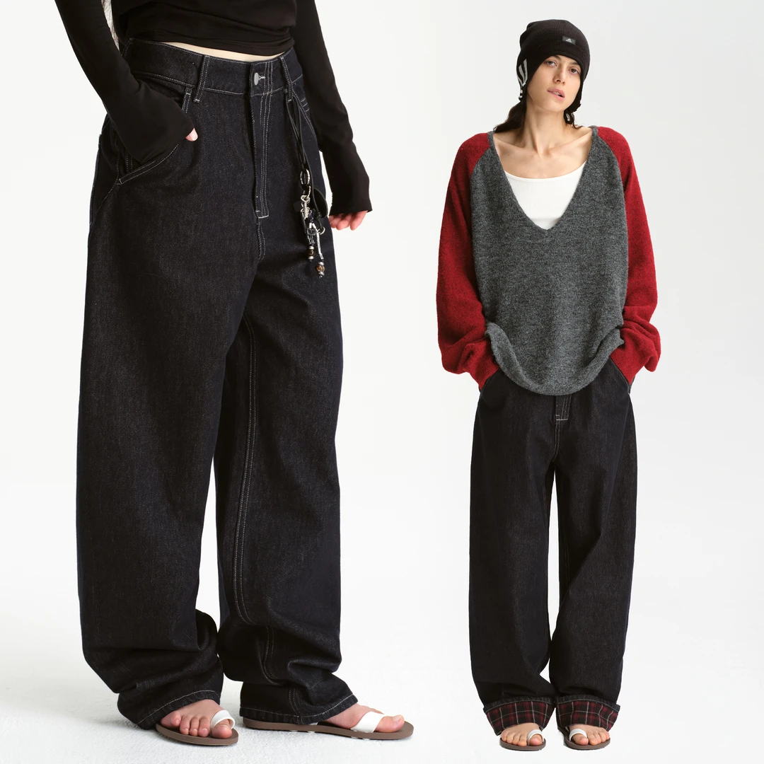 SMIIILE脚口拼接格纹复古水洗深蓝色宽松阔腿低腰原色牛仔裤女