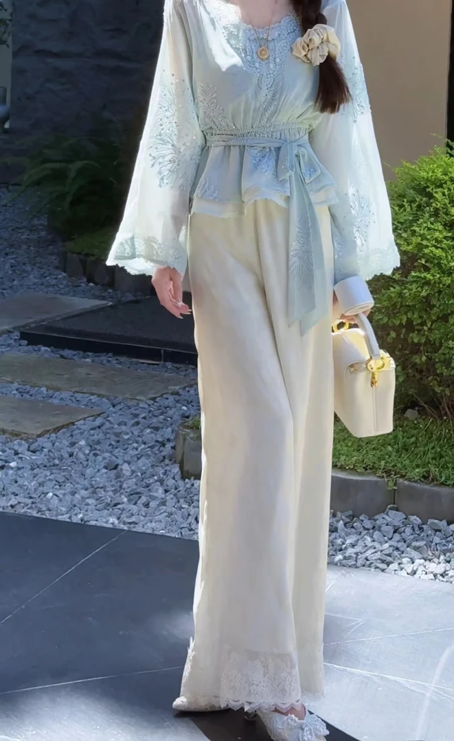 【婷婷】《蝴蝶裤》国风提花蝴蝶蕾丝阔腿裤 TT2SQTH2186【Q】