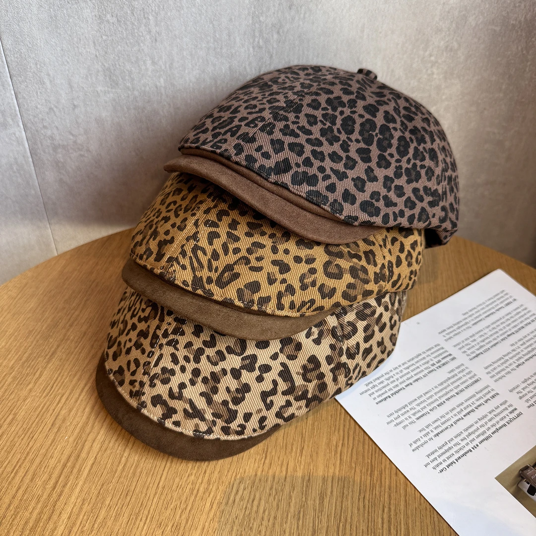 美式复古百搭豹纹前进帽女春秋辣妹风显脸小贝雷帽新款大头围帽子