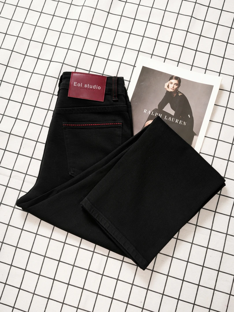 实拍EOL春夏新款窄版阔腿黑牛复古百搭直筒高腰弹力女牛仔裤7007