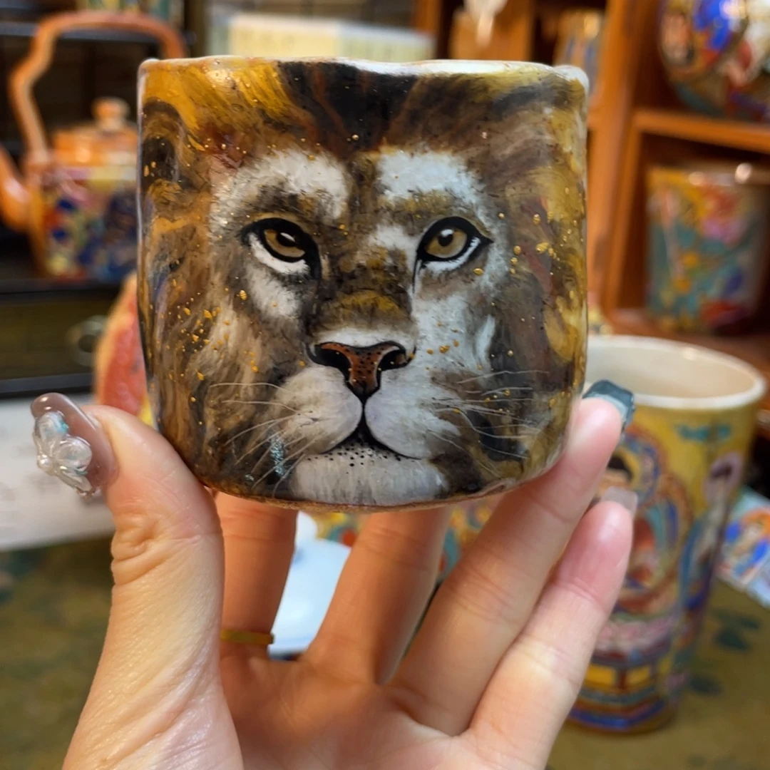 手捏手绘狮子志野杯