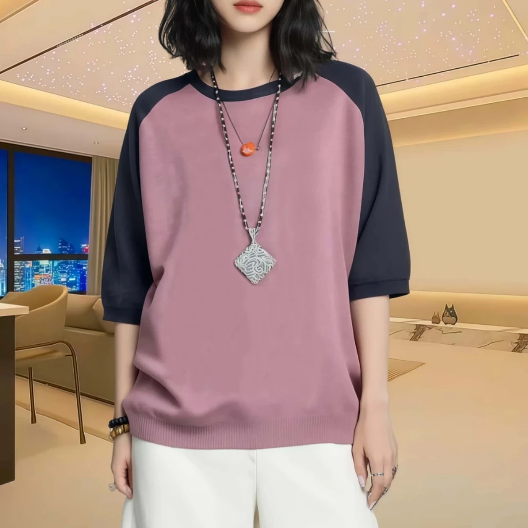 夏季宽松气质圆领五分袖针织衫女2025新款休闲百搭洋气撞色上衣