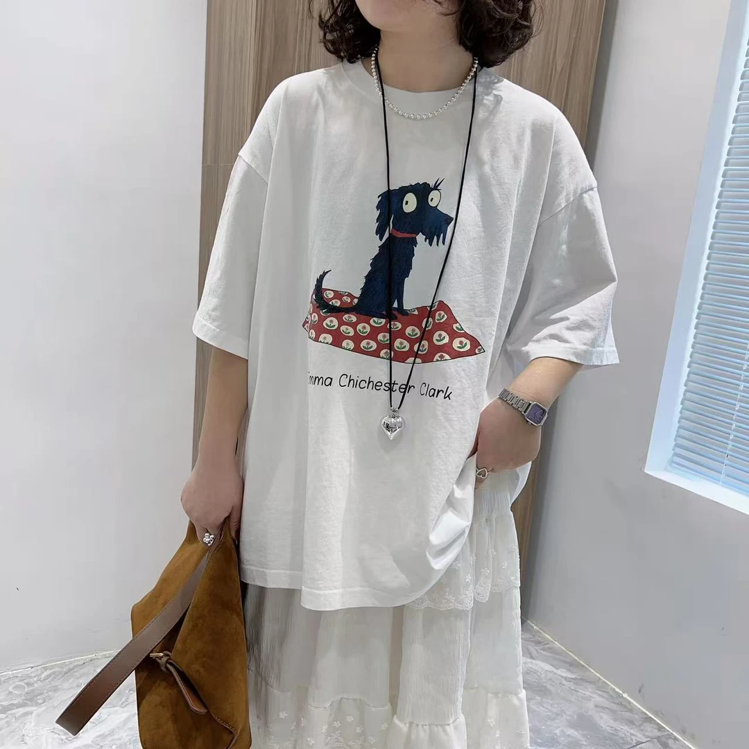 DA.TING【花朵与狗】春夏新款宽松大版休闲百搭卡通印花短袖T恤tee