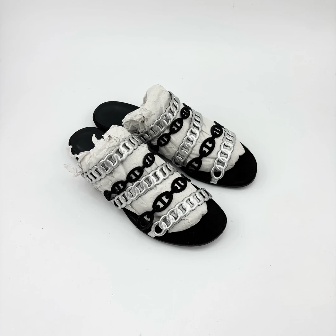 95新 Hermes/爱马仕 36.5码/黑银拼色猪鼻子拖鞋/TT250043