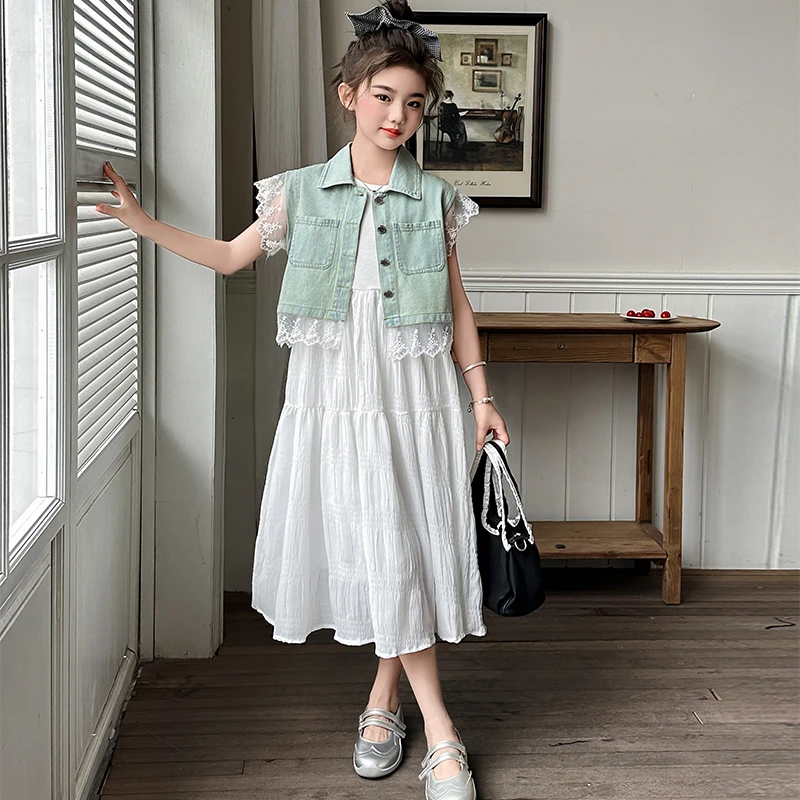 女童牛仔马甲连衣裙两件套2025夏季儿童蕾丝短款开衫背心裙套装潮