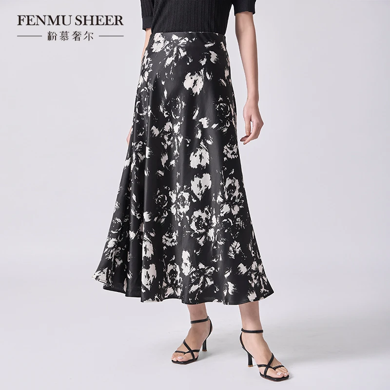 【婷婷专属】粉慕奢尔『绮梦庄园』醋酸气质印花垂顺碎花半身裙-B2158